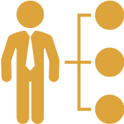 Icon of a person in business attire next to three vertically aligned circles connected by lines, suggesting organization or hierarchy.