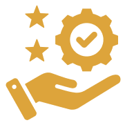 Yellow icon of a hand holding a gear with a check mark inside, accompanied by two stars, symbolizing quality or service assurance.